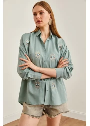 Olalook قميص Boyfriend نسائي مطرز باللون الأخضر - GML- 19000992