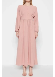  Modest Aerobin Dusty Rose Dress with Corsage and Fabric Covered Button Detail TCTSS23EB00254