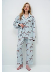 Trend Alaçatı Stili Mint Green Piping Detailed Digital Printed Satin Long Shirt and Pants Pajama Set Pjm-X13913