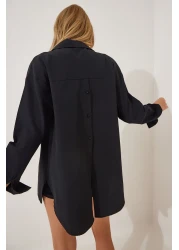 Happiness İstanbul قميص بوبلين أسود كبير الحجم بأزرار للنساء DD01103