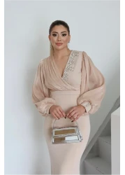 1Moda1Tarz فستان نسائي مستورد من قماش الكريب بأكمام وصدر شيفون مطرز بالأحجار بتصميم خاص