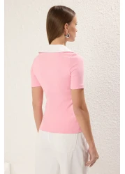  Collection Pink Woven Detail Regular/Normal Fit Knitted Blouse Twoss25Bz00214