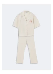 LC Waikiki Lcw Young Beige Shirt Collar Bear Teddy Printed Women's Pajamas Set