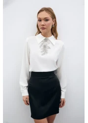 Sateen Ecru Blouse with Stone Accessories