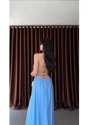 HAZELANNA Back Gold Detailed Blue Dress