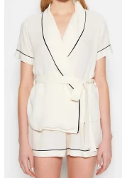  Collection Beige Belted Pregnant Pajama Set with Separate Viscose Shorts