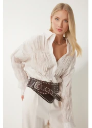 Happiness İstanbul قميص نسائي منسوج برباط كريمي DP00234