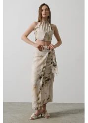  Collection Beige Tie Dye Patterned Wrap Midi Woven Skirt Twoss25Et00052