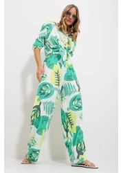 Trend Alaçatı Stili Women's Green Patterned Shirt and Trousers Top and Bottom Woven Set Alc-X11747