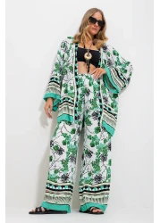 Trend Alaçatı Stili Women's Green-White Kimono Jacket and Palazzo Pants Set Alc-X11751