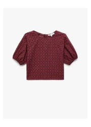 Koton X Melis Ağazat - Cotton Lined Embroidered Scalloped Short Sleeve Crew Neck Blouse