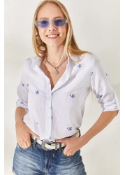 Olalook قميص كتان بأكمام مطوية باللون الأزرق الداكن من Little Ecru GML-19000825