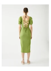 Koton Midi Dress Balloon Sleeve Slit Square Neck