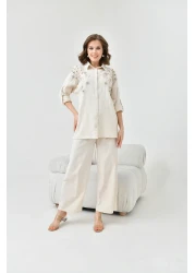 MVStore Women's Sequin Embroidery Stone Embroidered Flam Linen Shirt and Pants Set