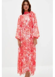  Modest Red Floral Patterned Lined Long Chiffon Evening Dress TCTSS24EB00040