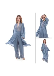 Bohem Stil بلوزة كاب كبيرة الحجم بتفاصيل حريرية إيطالية - طقم بنطلون ويس