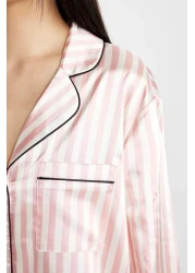 Defacto Long Sleeve Striped Satin Pajama Set to Fall in Love - C9445Ax24Au