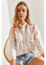 Bianco Lucci قميص كتان نسائي مطرز بياقة القاضي60171050