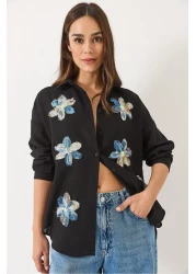 Bianco Lucci قميص نسائي قطني بأكمام طويلة من التول مع إكسسوارات زهور 6526 60283057