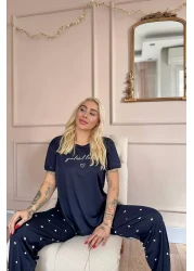 Pijamaevi Navy Blue Grateful Heart Patterned Bamboo Short Sleeve Women's Pajama Set