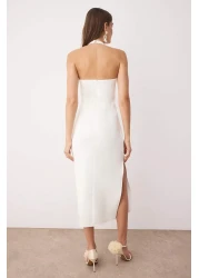  Collection White Lined Body Fitting Midi Woven Dress with Slit Detail Tprss24El00136