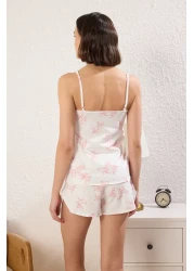  Collection Ecru 100% Cotton Floral Lacing Detailed Shorts Knitted Pajamas Set Thmss25Pt00436