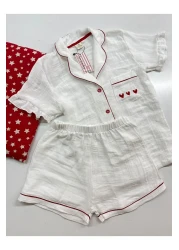 Serbella Red Love White Organic Muslin Shorts Pajama Set Cotton Anti-Sweat