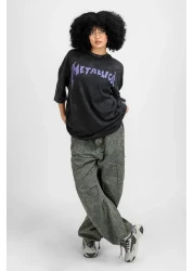 Sokak Butik تيشيرت ميتاليكا أرجواني مطبوع من الخلف باللون الأسود للجنسين مقاس كبير