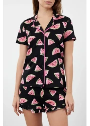  Collection طقم بيجامة نسائي/زوجين أسود 100% قطن منقوش بالبطيخ مع شورت مكشكش THMSS21PT0670