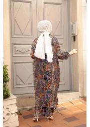 N.S NEVA STYLE Patterned Sax Blue Hijab Double Kimono Set 12885Sx