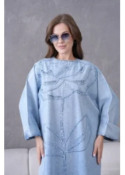 Miss Allos Women's Sequin Embroidered Wide Fit Long Denim Dress