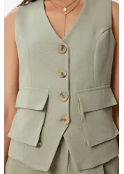 Happiness İstanbul بدلة سروال Palazzo من الكتان الأخضر للنساء من Çağla BV00126