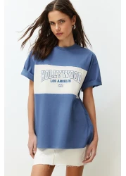  Collection Indigo 100% Cotton Color Blocked City Printed Oversize/Wide Cut Knitted T-Shirt TWOSS24TS00079