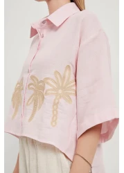 Arma Life Women's Patterned Short Sleeve Summer Pink Muslin Shirt