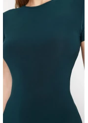  Collection Emerald Green Short Sleeve Fitted Crew Neck Flexible Knitted Maxi Pencil Dress TWOSS24EL00097