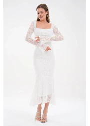 bayansepeti قماش دانتيل مبطن باللون الأبيض، تصميم رقبة مربعة، تصميم بأكمام طويلة من الدانتيل، فستان متوسط الطول 209