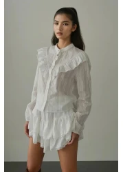  Collection White Ruffle Detailed Transparent Short Cut/Crop Shirt Twoss25Go00165