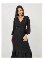 Styli فستان ماكسي بتصميم ملفوف منقوش بأكمام منفوخة وحافة حورية البحر