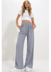 Trend Alaçatı Stili Gray High Waist Elastic Wide Leg Women's Trousers - Alc-X12712