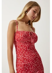 Happiness İstanbul فستان نسائي صيفي محبوك باللونين الأحمر والأبيض مزين بالزهور CI00029