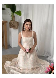 Julidress فستان كتان بتصميم مميز مع تطريز وحزام بنمط زهرة وردية ثلاثية الأبعاد