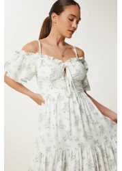 Lovelyİstanbul فستان فيسكوز صيفي طويل مكشكش ومزخرف بحزام ECRU GREEN LUB0112