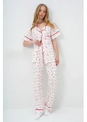 Trend Alaçatı Stili Women's Micro Floral Pomegranate Single Pocket Piping Detailed Cotton Shirt and Pants Pajama Set Pjm-X13898