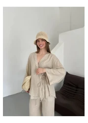 Laluvia طقم كيمونو من قماش الكتان مع تفاصيل حجرية جانبية - 8373