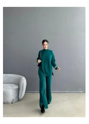 Lusin Women's Half Turtleneck Sweater Trousers Bottom Top Knitwear Set - Nefti Green
