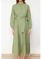  Modest فستان منسوج بحزام كاكي فاتح وأزرار وطية صدر السترة TCTSS21EL3343