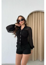 RB CLUB Button Detailed Sleeves Chiffon Blouse Black