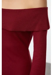  Collection فستان رصاص متوسط الطول بياقة كارمن باللون العنابي المرن والناعم - TWOAW24EL00803