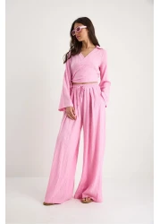 Bianco Lucci بلوزة نسائية برباط على شكل حرف V وجيب وخصر مطاطي وبنطلون فضفاض 60283324