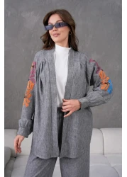 Miss Allos Women's Back and Sleeves Sequin Sequin Embroidered Linen Kimono Coat and Pants Bottom Top Suit